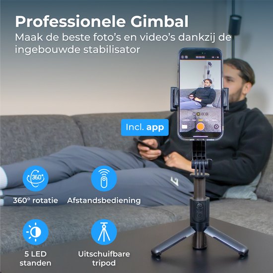 Nuvance - Gimbal Stabilisator voor Smartphone - Selfiestick - met Statief en Afstandsbediening - Tripod