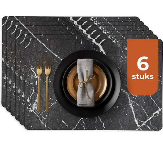 Castagnola Lederlook Placemats - Antislip Placemat van Kunstleer - Waterafstotende Onderlegger - Onderzetter - 6 Stuks - 45 x 30 cm - Zwart/Wit - Marmerpatroon