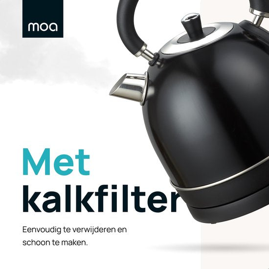 MOA Waterkoker Retro - 1,8 Liter - Elektrische Waterkoker - BPA-vrij - Anti Calcium Filter - RVS - 2200W- Zwart
