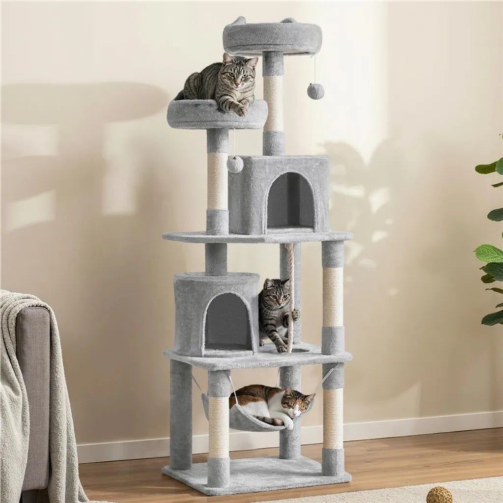 Yaheetech Grote Kattenkrabpaal met 2 Kattenhuisjes en Hangmat - Lichtgrijs - 181 cm