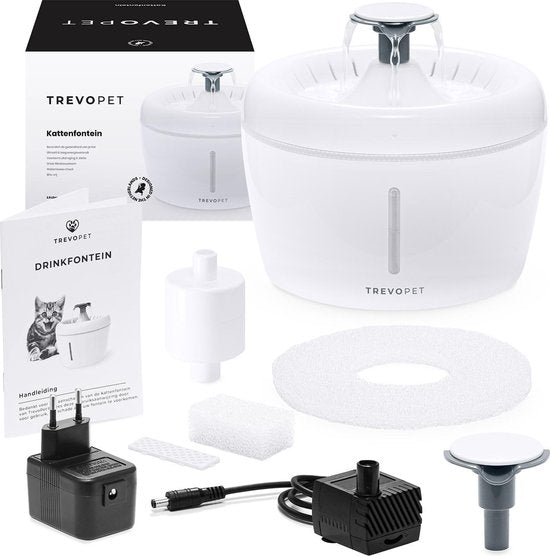 TrevoPet® Drinkfontein Kat - Waterfontein Kat - Kattenfontein - Fluisterstil - Drinkfontein - Drinkbak Kat - 2.5 Liter - Inclusief Filter - Wit