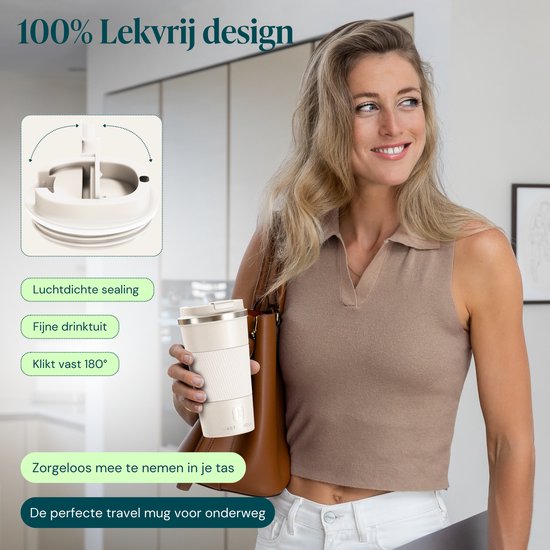 Castagnola Thermosbeker - Koffiebeker To Go - Travel Mug voor Koffie en Thee - Theebeker - 510 ML - RVS - Offwhite