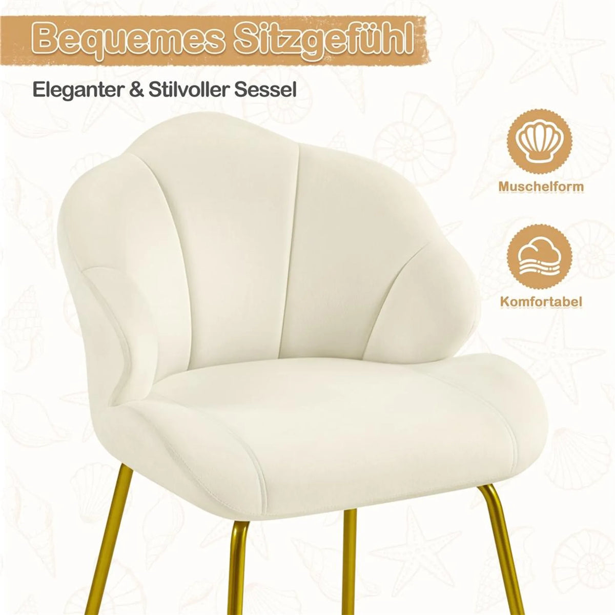 Yaheetech Eetkamerstoel in Schelpvorm - Gestoffeerd met Metalen Poten - 56 x 57 x 78 cm - Beige