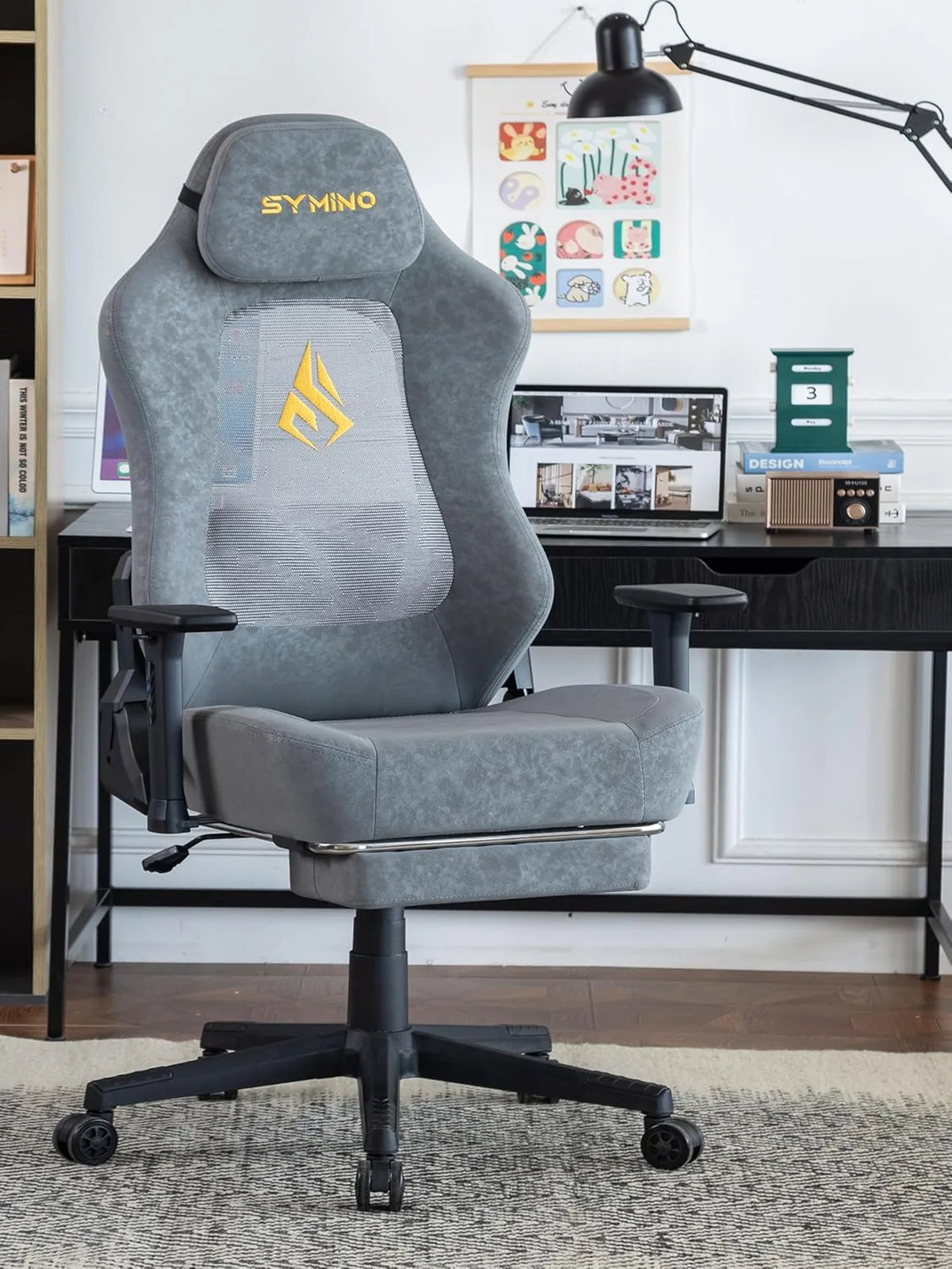 SYMINO Ergonomische Gamingstoel met Ademende Rugleuning – Vintage PU-Leer – Grijs – Metaal en Schuum