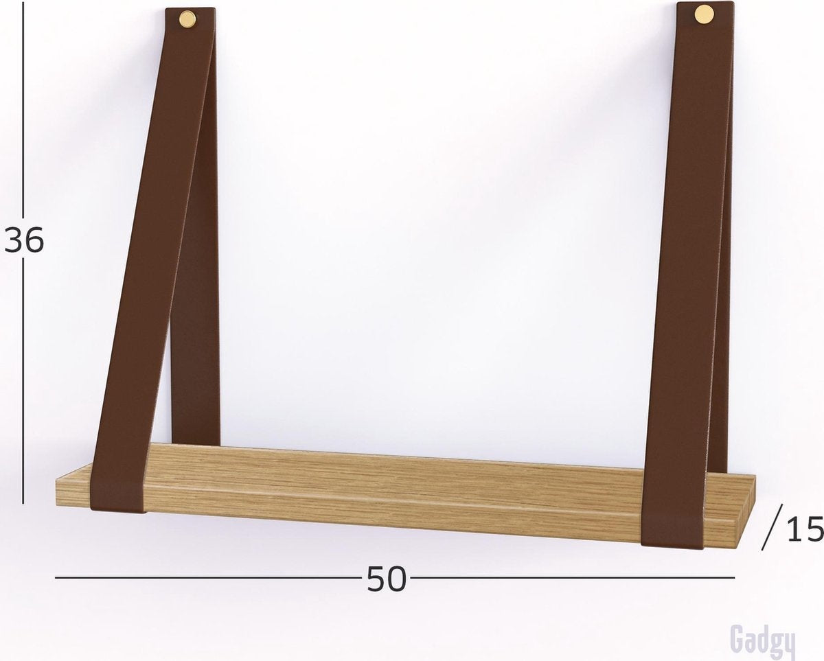 Gadgy Wandplank Zwevend - Wandplank Hout - Wandrekken - Wandplank met Leren Riemen - Boekenplank - Wanddecoratie - Book Shelf 50x15CM