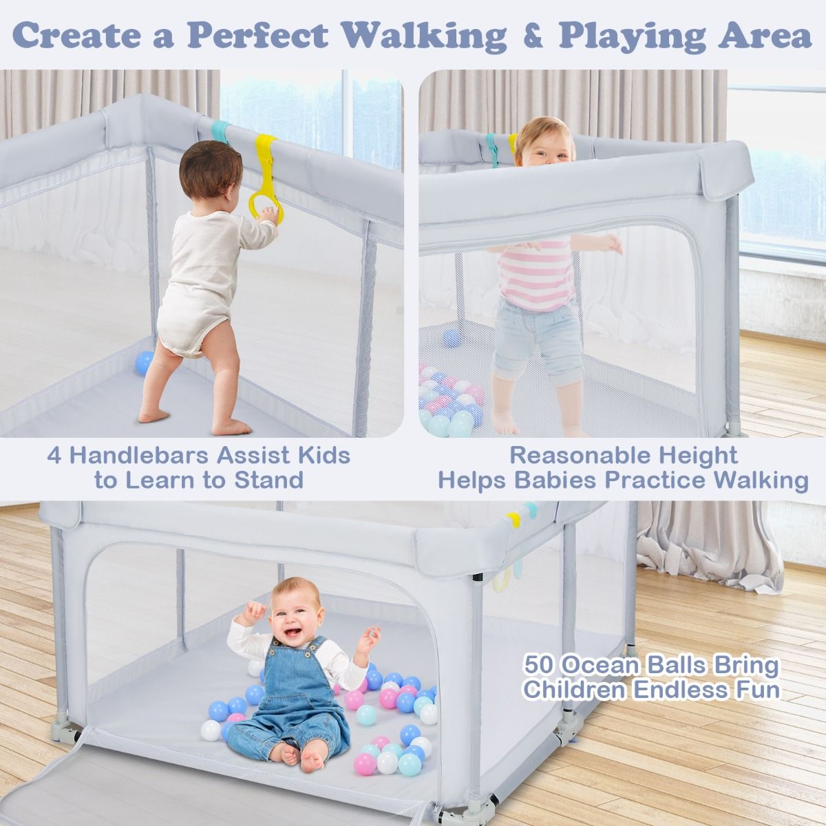 Coast Opvouwbare Babybox 124x124x70 cm Grijs met 50 Oceaanballen en 4 Handgrepen – Oxford Stof, Ademend Gaas
