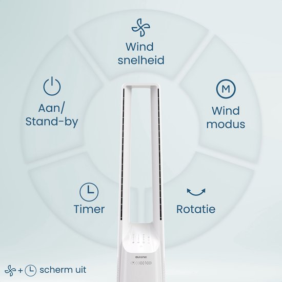 Auronic Torenventilator - Bladeless Model - Luchtkoeler - Vloerventilator - Stille Ventilator Staand - 101 CM - 6 Snelheden - Fan - Met Timer - 39 dB - Wit