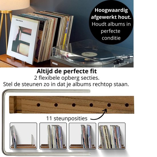LP opbergsysteem - premium platenrek van walnoothout - platenhouder - lp rek - lp houder - lichte finish