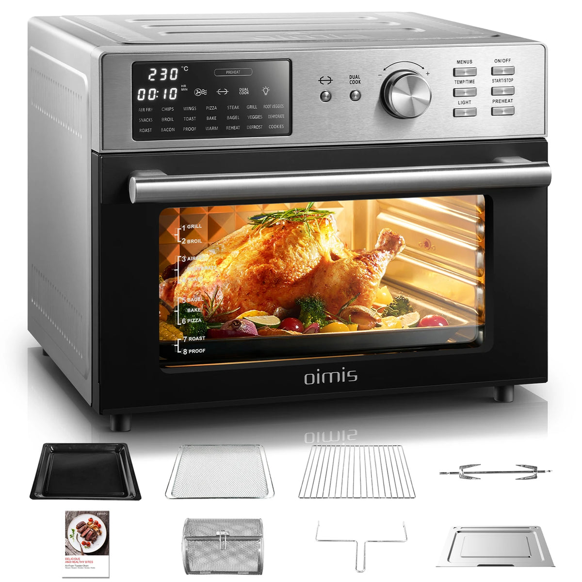 Oimis Airfryer Oven 30 Liter - 21 Programma's met Grillspit en Droogfunctie - 1800 W - 45,6 x 43 x 36,5 cm - RVS Zilver