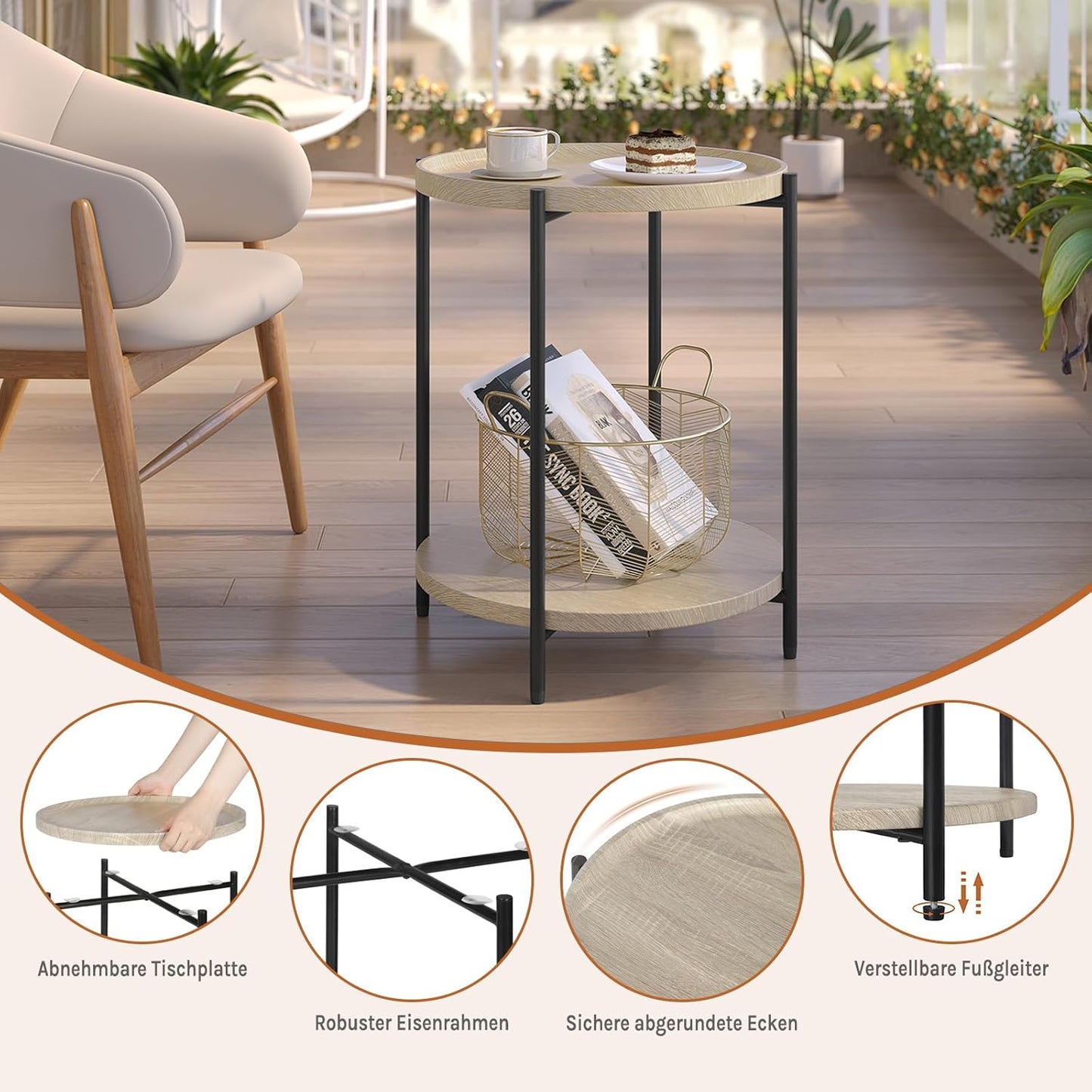 WOLTU Bijzettafel Rond - Licht Eiken - 2 Planken