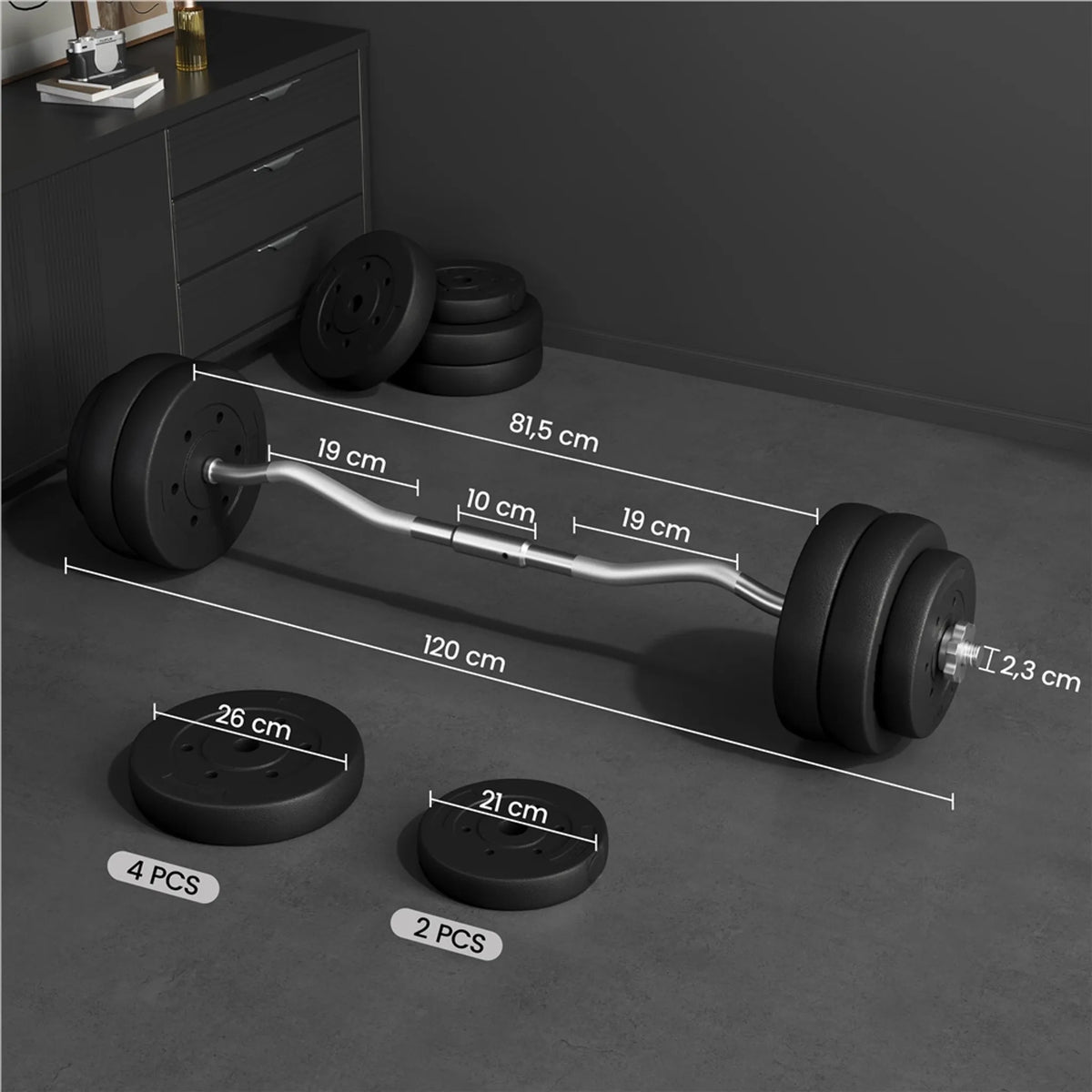 Yaheetech EZ-curl Halterset 30 kg – Voorzien Van Verchroomde Curlstang En 6 Beton-gewichtsschijven En Stersluitingen – Voor Krachttraining En Spieropbouw – Zwart Metaal Kunststof En Beton – 120 x 26 x 26 cm