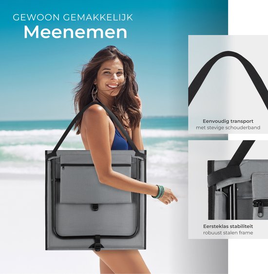 tectake® Strandmat - Set van 2 opvouwbare ligmatten met verstelbare rugleuning, draagriem en opbergvak - Ideaal voor strand, camping of tuin - Lichtgewicht en onderhoudsvriendelijk - Grijs
