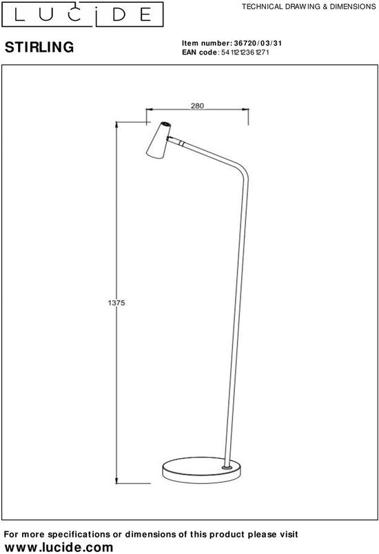 Lucide STIRLING - Oplaadbare Vloerlamp - Accu/Batterij - LED 3 StepDim - 1x3W 2700K - Wit
