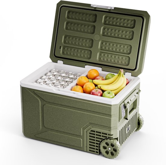Auronic Elektrische Koelbox - Compressor - 80L - 12V en 240 volt - Camping Koelkast - Frigobox Auto - Met Wielen en Hendel - Groen