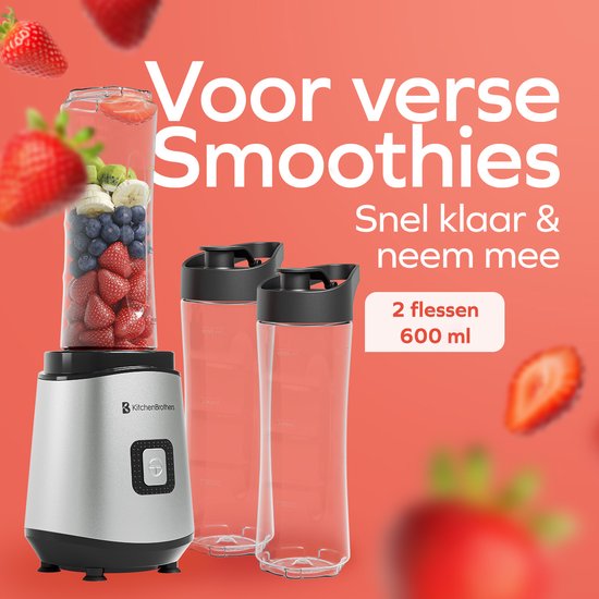KitchenBrothers Mini Blender - Blender to Go - Smoothie Maker - 2 To-Go Bekers 600 ml - RVS