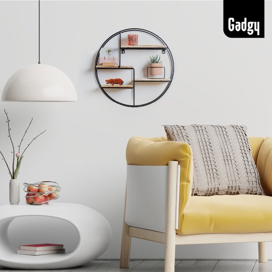 Industrieel Wandrek Rond – Houten Planken & Zwart Metaal – Decoratief Wandrek – Gadgy