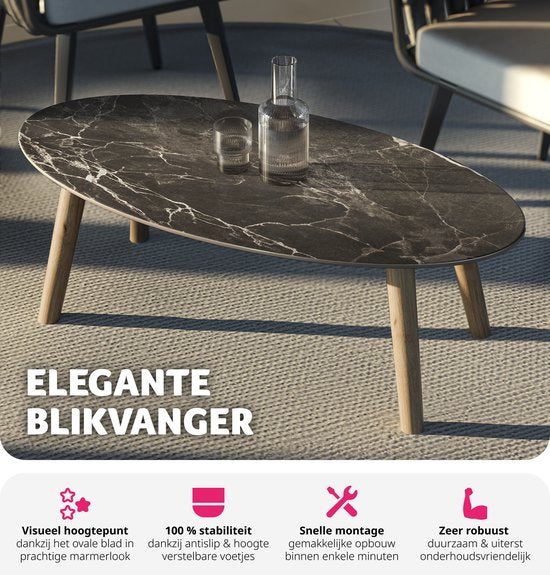 tectake® Salontafel | Woonkamertafel, Ovale Salontafel met Houten Poten | Marmerlook | Weerbestendige Bijzettafel voor Woonkamer, Terras, Tuin of Balkon - naturel