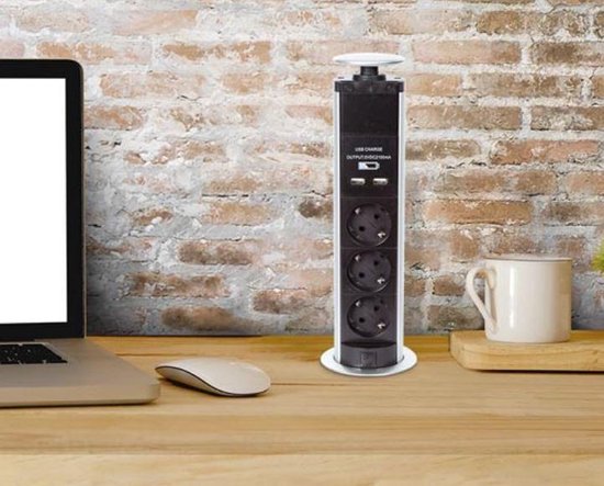 Perel Pop-upstekkerdoos, 3 stopcontacten met randaarde (type F), 2 USB-poorten, montagegat 71 mm, gebruik binnenshuis, zwart/grijs