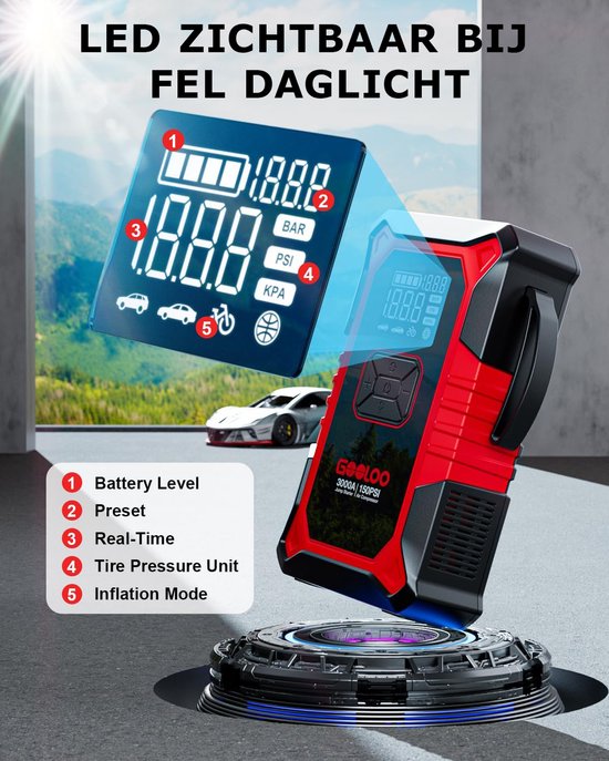 GOOLOO A3 - Draagbare Jumpstarter met Compressor & Powerbank - 3000A - 12V Voertuigen - USB Snelladen - Compact Design - LED Zaklamp - Voor Auto, Motor & Boot