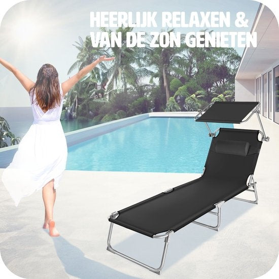 Tectake - Ligstoel - Stalen frame met schuifdak - robuuste, 4-voudig verstelbare rugleuning inclusief kussen - Ideaal voor tuin, zwembad, camping - Zwart