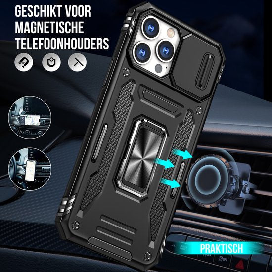Podec Hoesje geschikt voor iPhone 12 Pro Zwart Telefoonhoesje - Anti-Shock Case Cover Hybrid Armor Hoes met Kickstand Ring met Screenprotector