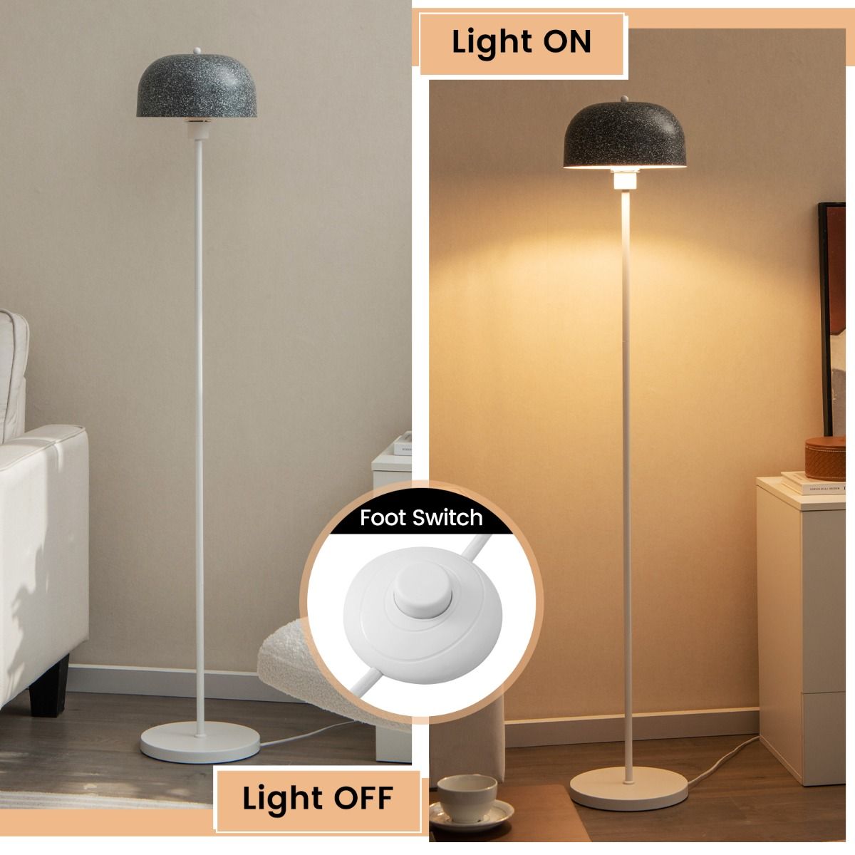 Coast Vloerlamp 146 cm Grijs-Wit met Kap en Voetschakelaar – Moderne Staande Lamp met Verzwaarde Voet en E27 Fitting