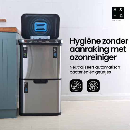 Hom&Com Prullenbak 3 Vakken 60L Grijs – Automatische Afvalbak met Sensor – Soft-Close Deksel, Ozonfunctie & Geurfilter voor Afvalscheiding