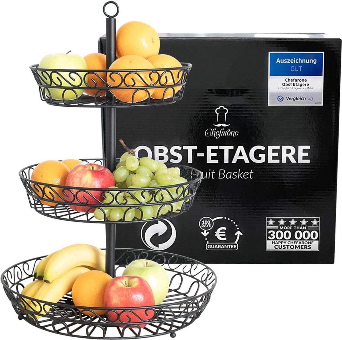 Chefarone Fruit Etagère - Fruitmand – Fruitschaal – Groentemand – Opberger – 3 Laags – Metaal - Zwart