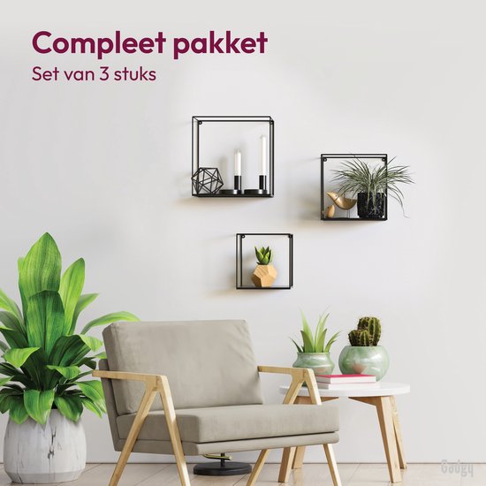 Gadgy Vierkante Wandrekken Industrieel - Set van 3 - Metaal - 32, 27 en 22 cm - Zwart
