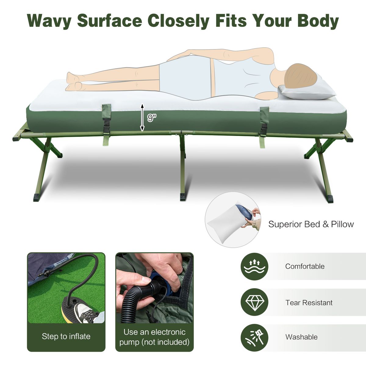 Coast Veldbed met Tent - 5-in-1 Kampeerset - Luchtmatras, Slaapzak en Kussen - Groen - 194 x 87 x 167 cm
