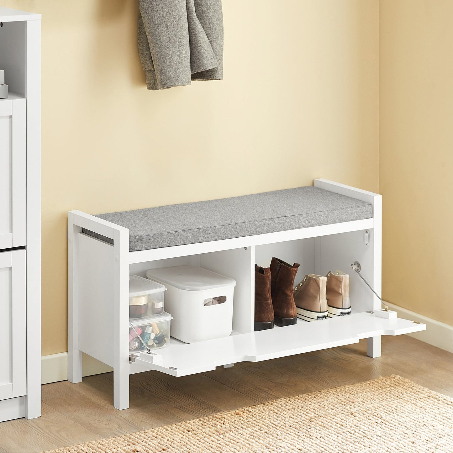SoBuy Schoenenbank met 2 laden - Max. 150 kg - 91 x 30 x 50 cm - Wit/ Grijs