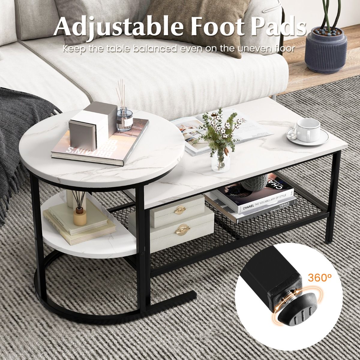 Coast Bijzettafelset - salontafel en bijzettafel - marmerlook tafelblad - zwart en wit