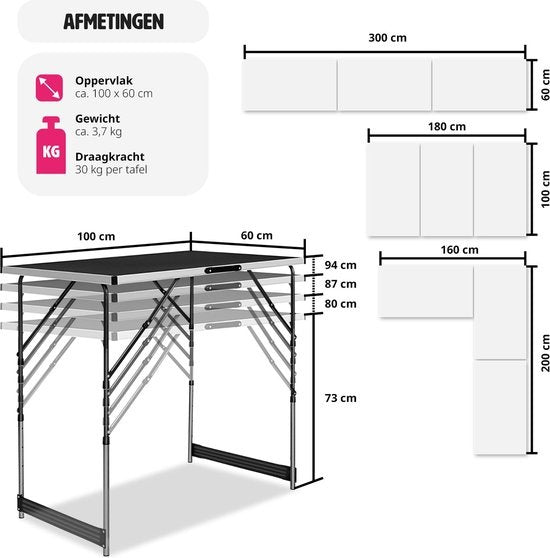 TecTake Klaptafel – Aluminium Frame, 4 Hoogtestanden – 300 x 60 cm – Zilver