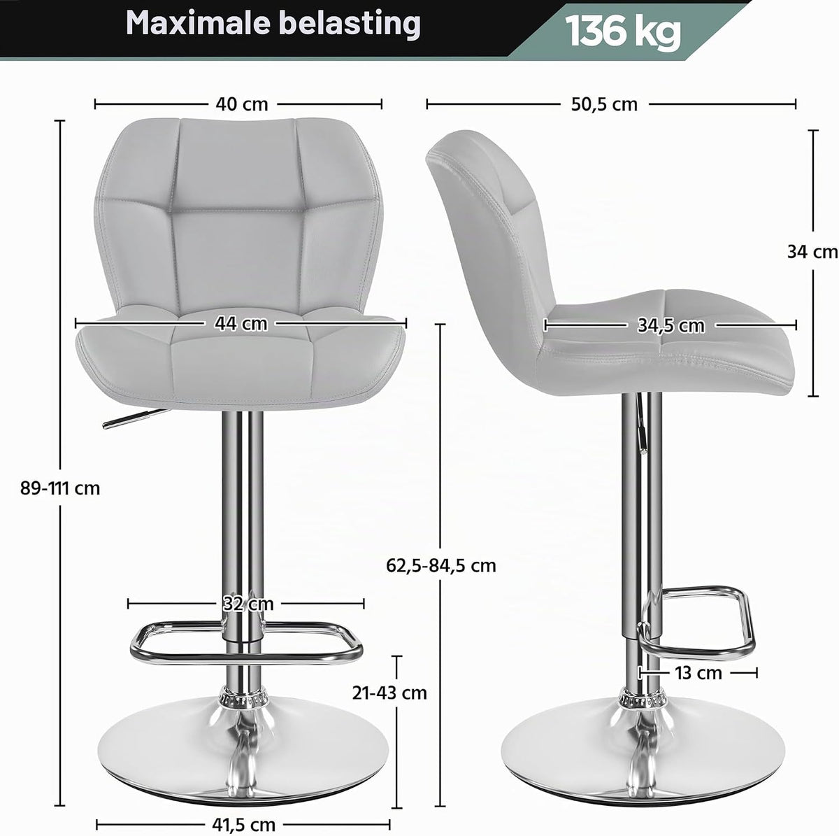 Yaheetech Barstoelen Set van 2 - Verstelbare Zithoogte 62,5-84,5 cm - Kunstleer