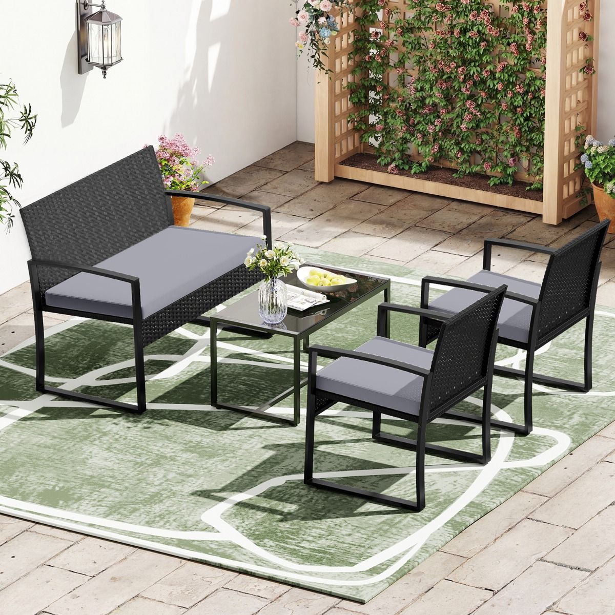 Coast tuinset voor 4 personen - inclusief glazen tafel, 2-zitsbank en 2 fauteuils - grijs