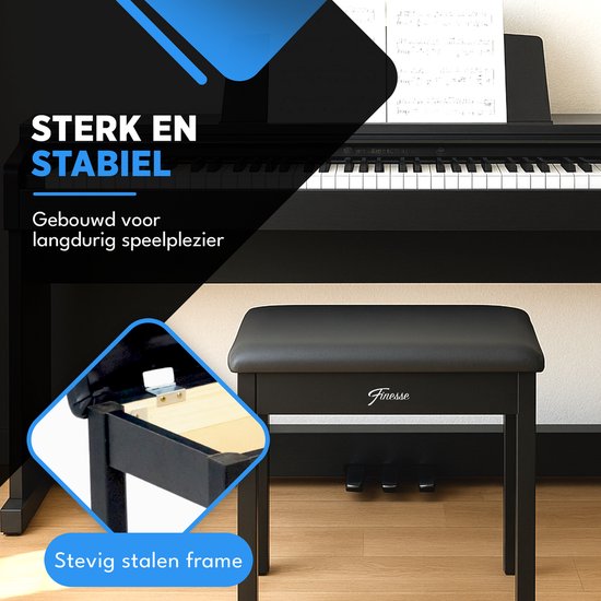 Finesse Pianokruk - met Opbergruimte - Zacht Kussen - Pianobank - Pianostoel - Zwart