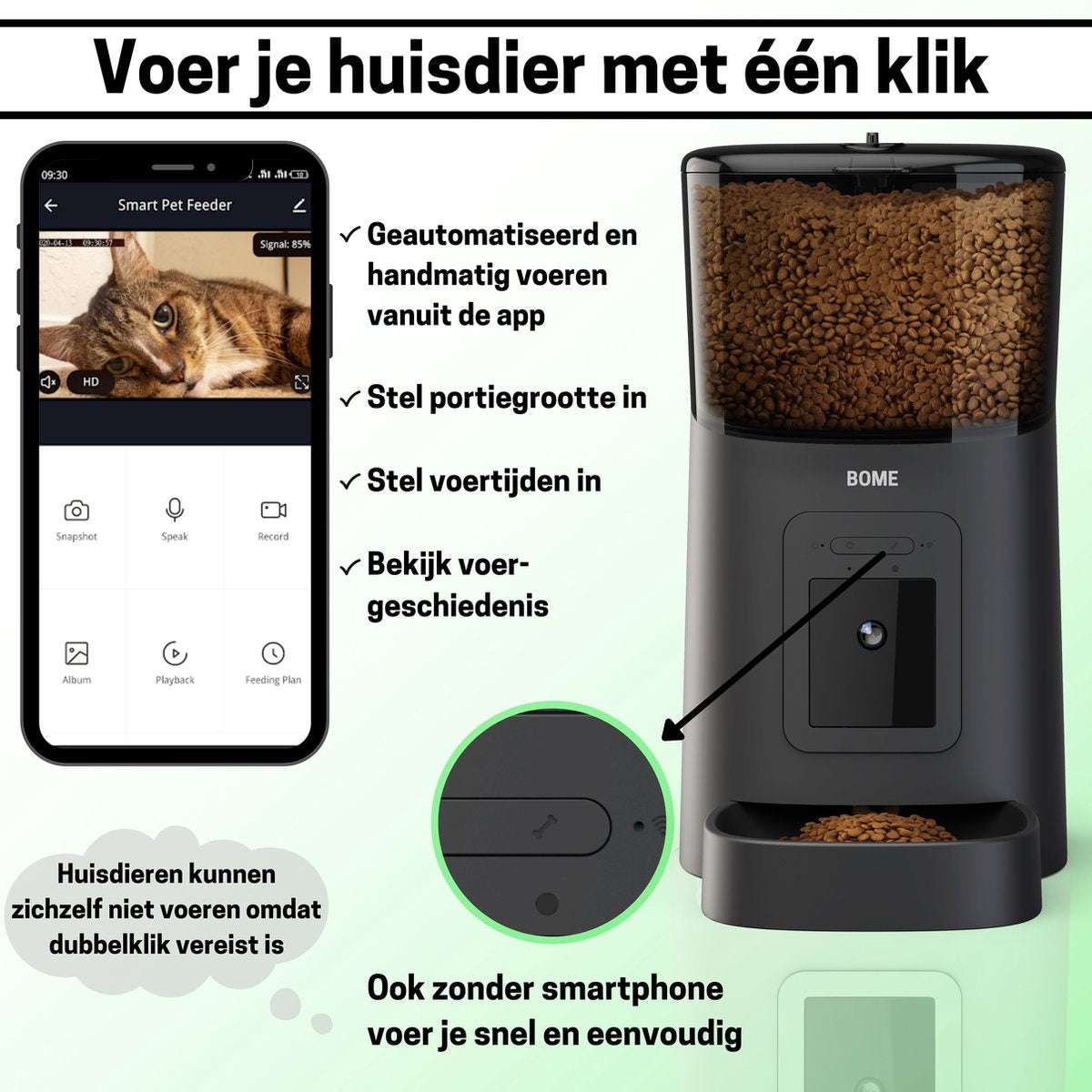 BOME - Automatische Voerbak voor katten en honden op afstand - Camera en Audio incl. SD-Kaart - Zwart