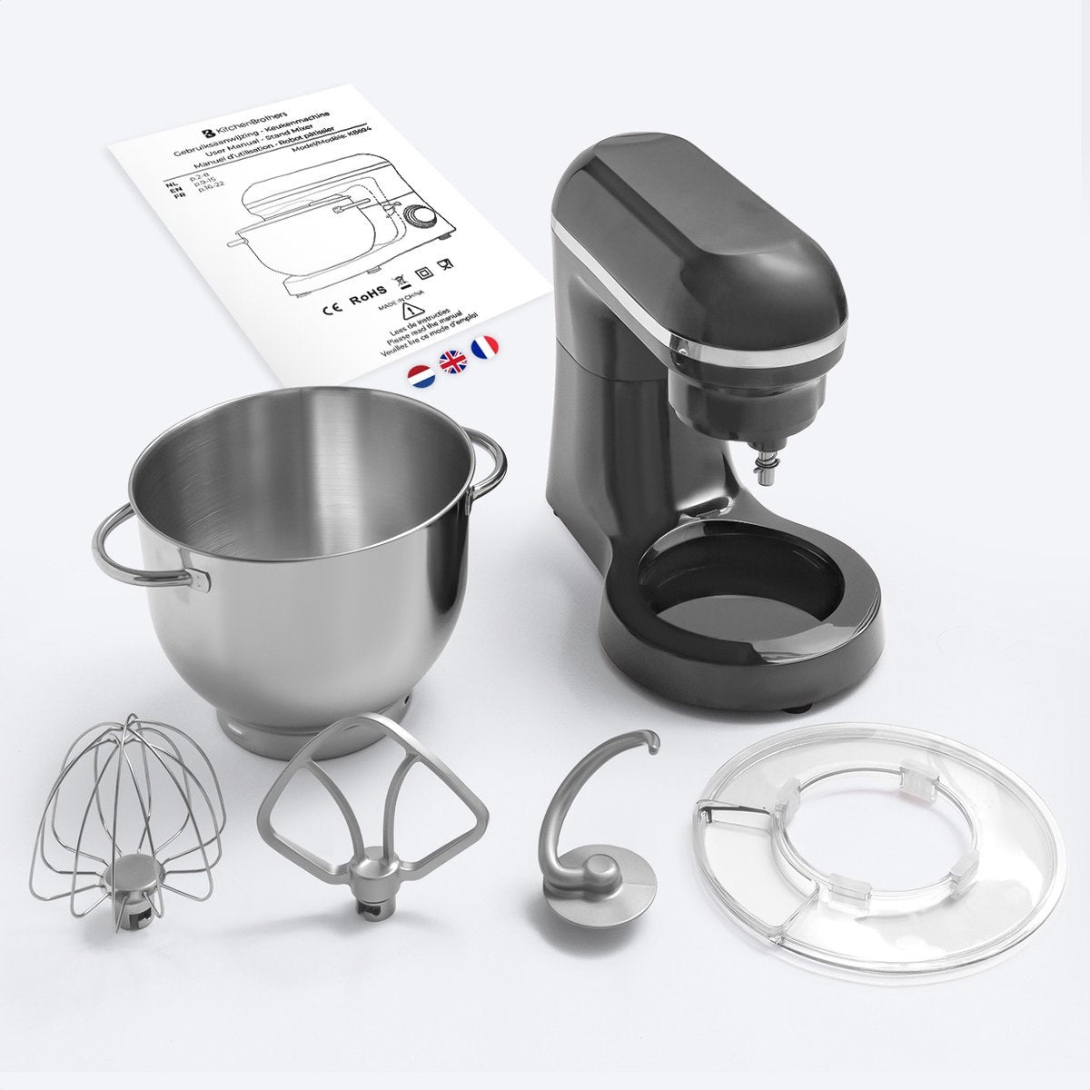 KitchenBrothers Keukenmachine - Keukenmixer met 6L RVS mengkom - Keukenrobot - 20000W - Antraciet