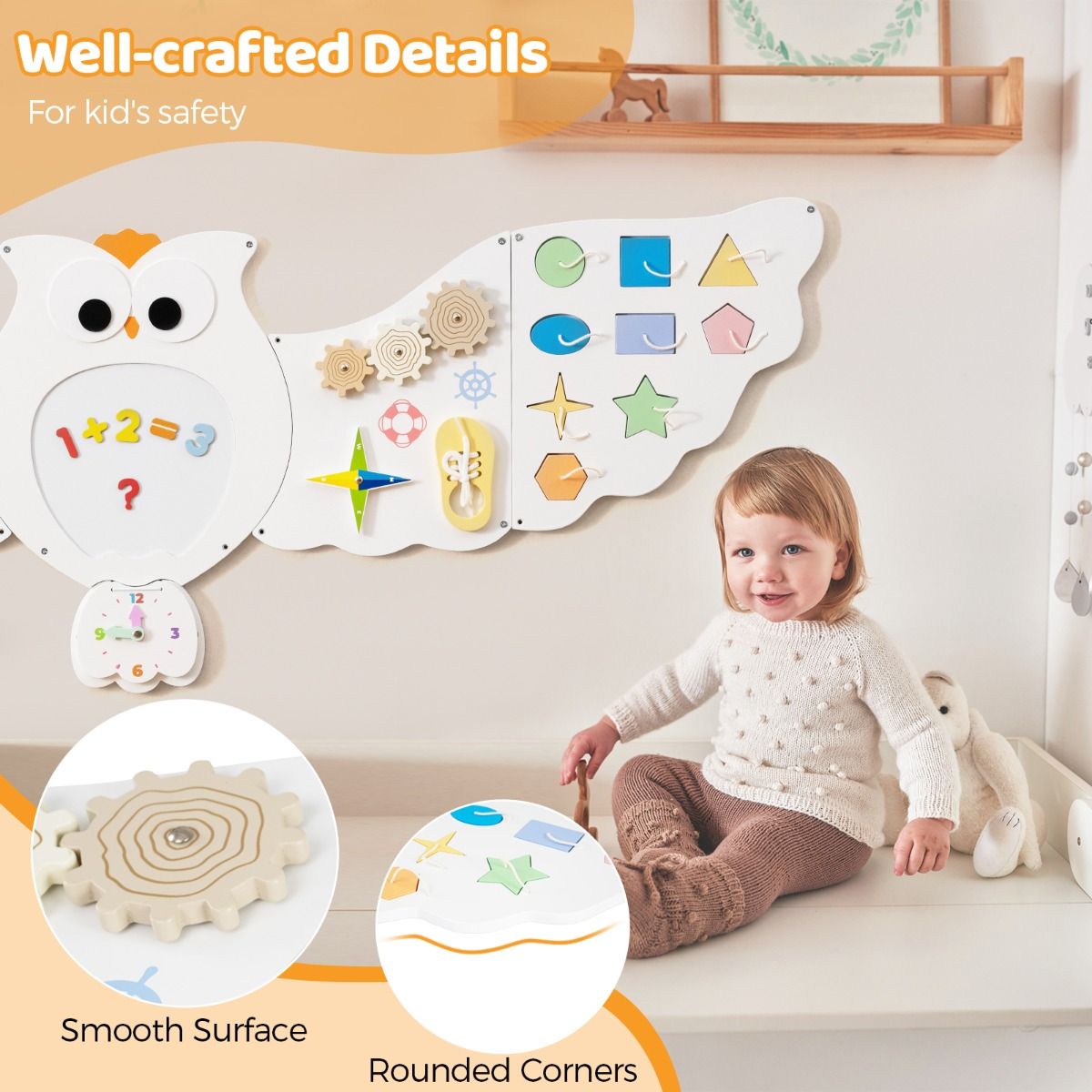 Coast Wandactiviteitenbord Uil - 11-in-1 educatief activiteitenbord - Montessori speelgoed - wit