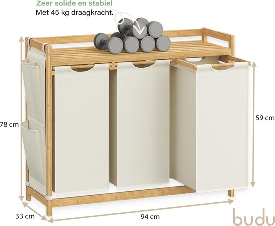 Budu Wasmand 3 vakken - Wassorteerder - Wasmanden Bamboe - 150L