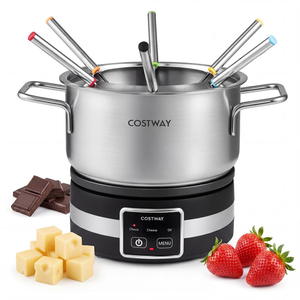 Coast Elektrische Fondueset - 1200 W - Temperatuurregelaar - Afneembare roestvrijstalen pan - Zilver en zwart