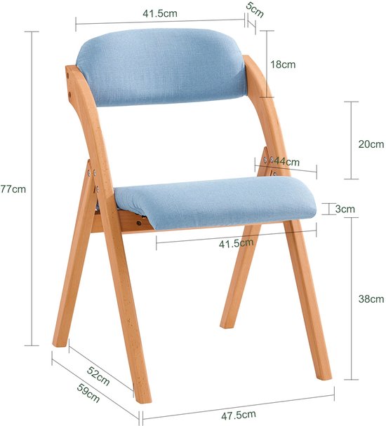 SoBuy Houten Klapstoel met Gestoffeerd Zitkussen, Bureaustoel, Eetkamerstoel, Natuur/Blauw, 47.5x77x59 cm, FST92-BL - voor eetkamer, balkon of kantoor