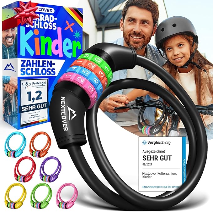 NEXTCOVER® Kinderfietsslot - 4-cijferige cijfercode - Combinatieslot fiets met kleurrijke cijfers - Scooterslot Extra robuust & veilig - Zwart