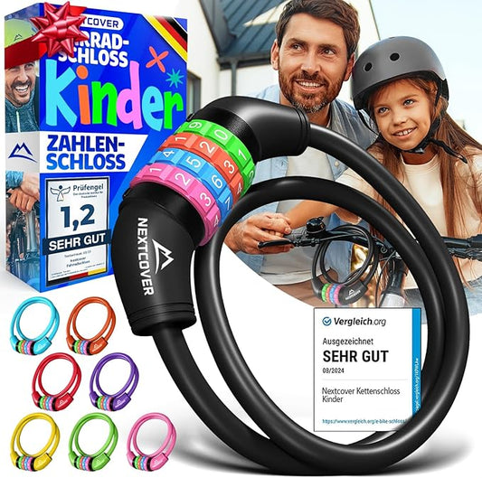 NEXTCOVER® Kinderfietsslot - 4-cijferige cijfercode - Combinatieslot fiets met kleurrijke cijfers - Scooterslot Extra robuust & veilig - Zwart