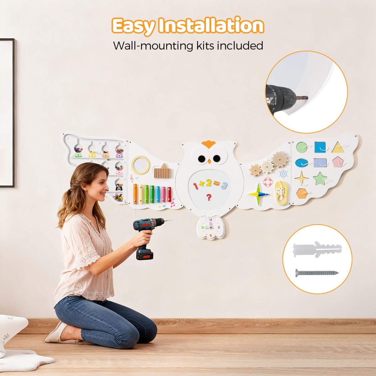 Coast Wandactiviteitenbord Uil - 11-in-1 educatief activiteitenbord - Montessori speelgoed - wit