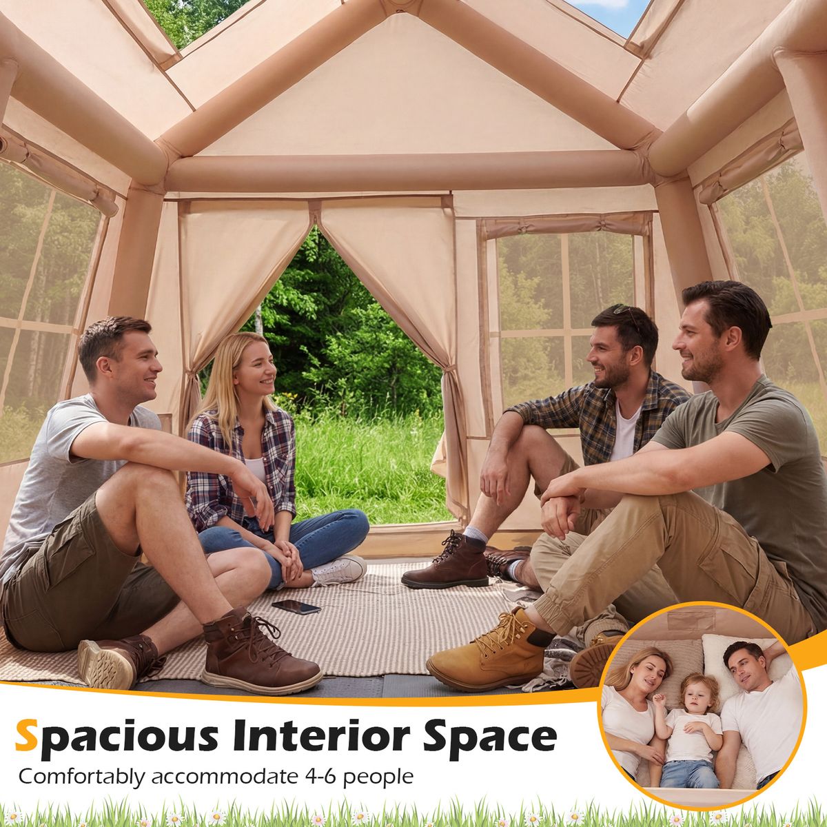 Coast Opblaasbare Campingtent - geschikt voor 4-6 personen - snel op te zetten - khaki 253 x 213 x 183 cm