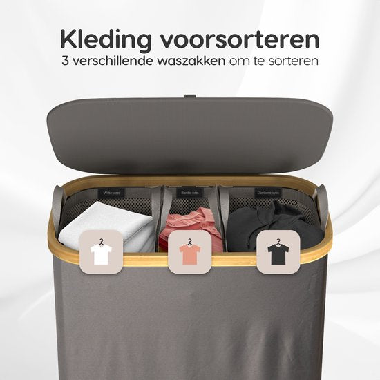 Dymac Wasmand 145 Liter | 3 Compartimenten | Bamboe Wassorteerder | Met 3 uitneembare waszakken | Wasmand 3 vakken | Wasmand met deksel | Grijs