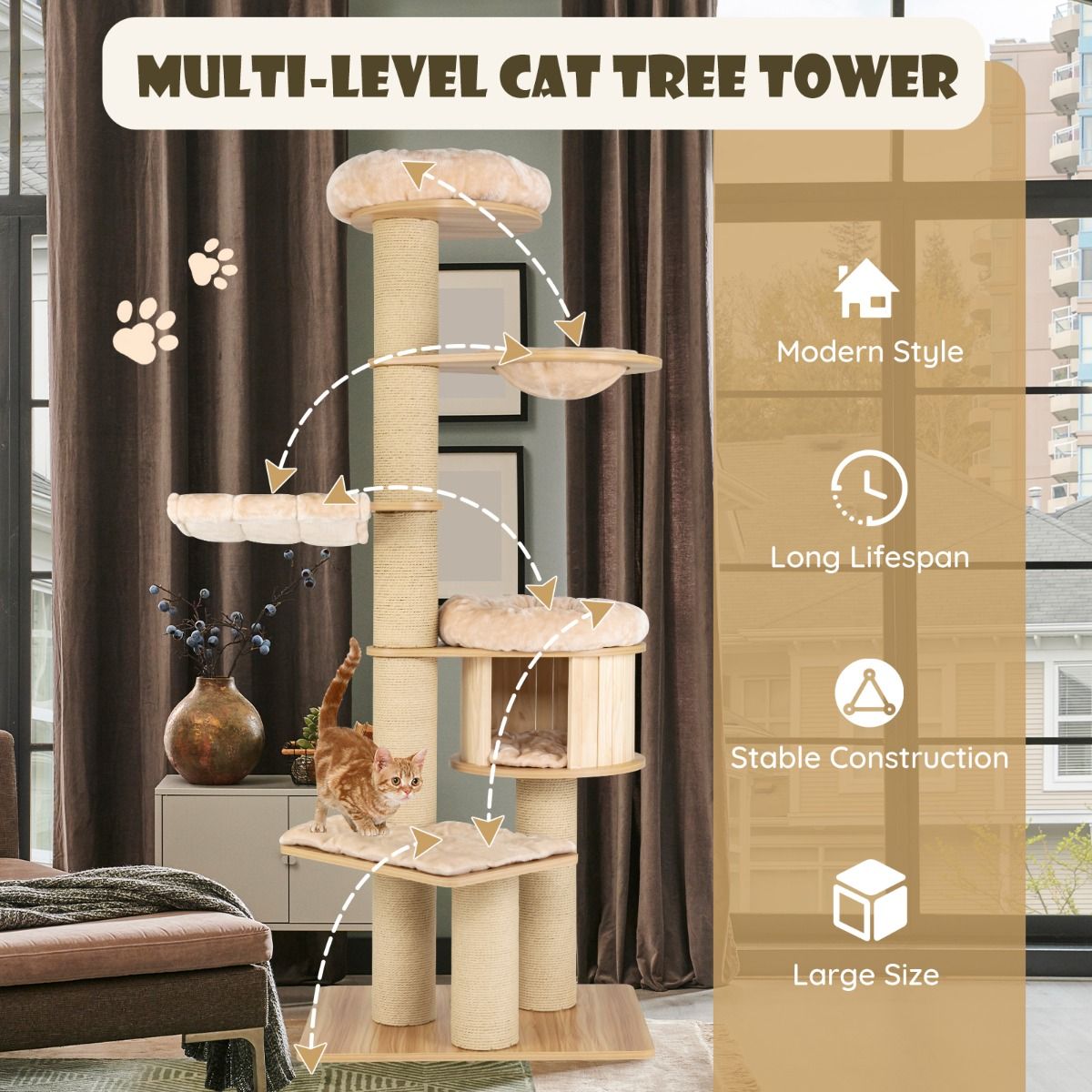 Coast Kattenklimrek - Meerdere niveaus - Krabpalen en hut - Hangmat en wasbare matten - Beige 75 x 56 x 191 cm