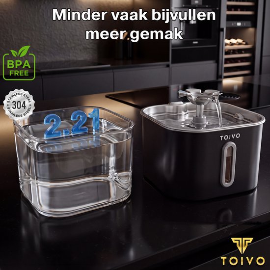 Toivo Drinkfontein Kat - 2.2 L - RVS - Waterfontein met Venster Incl. 4 filters - Waterdispenser - Fluisterstil - Kattenfontein - Drinkbak - Waterbak - Zwart