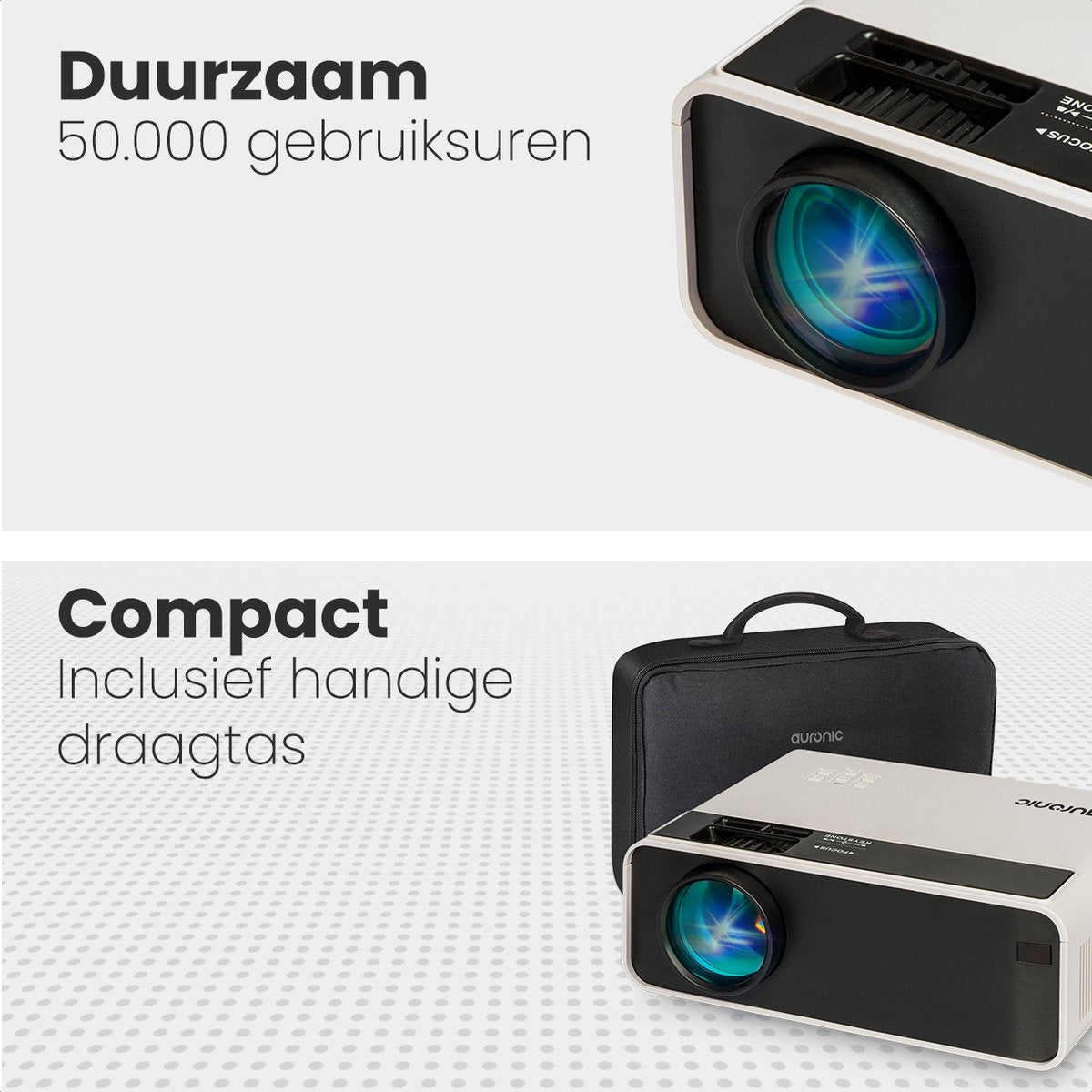 Auronic Mini Beamer - 4500 Lumen - WiFi - 200 inch Projector - HD Ready - HDMI-kabel, Afstandsbediening en Draagtas - Wit